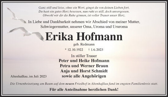 Traueranzeige von Erika Hofmann von Gelnhäuser Neue Zeitung