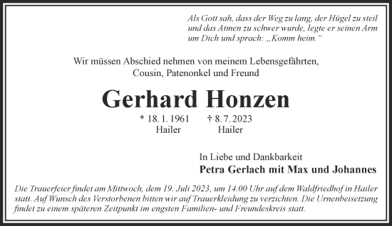 Traueranzeige von Gerhard Honzen von Gelnhäuser Neue Zeitung