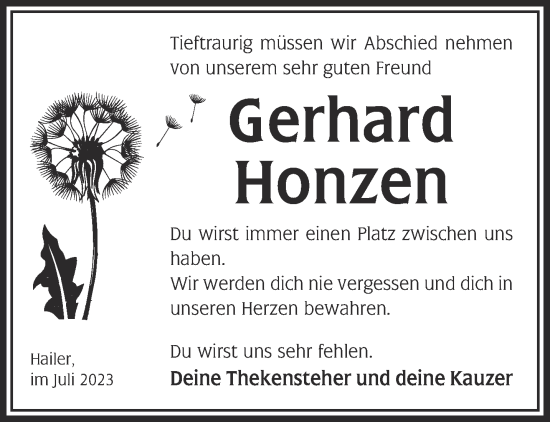 Traueranzeige von Gerhard Honzen von Gelnhäuser Neue Zeitung