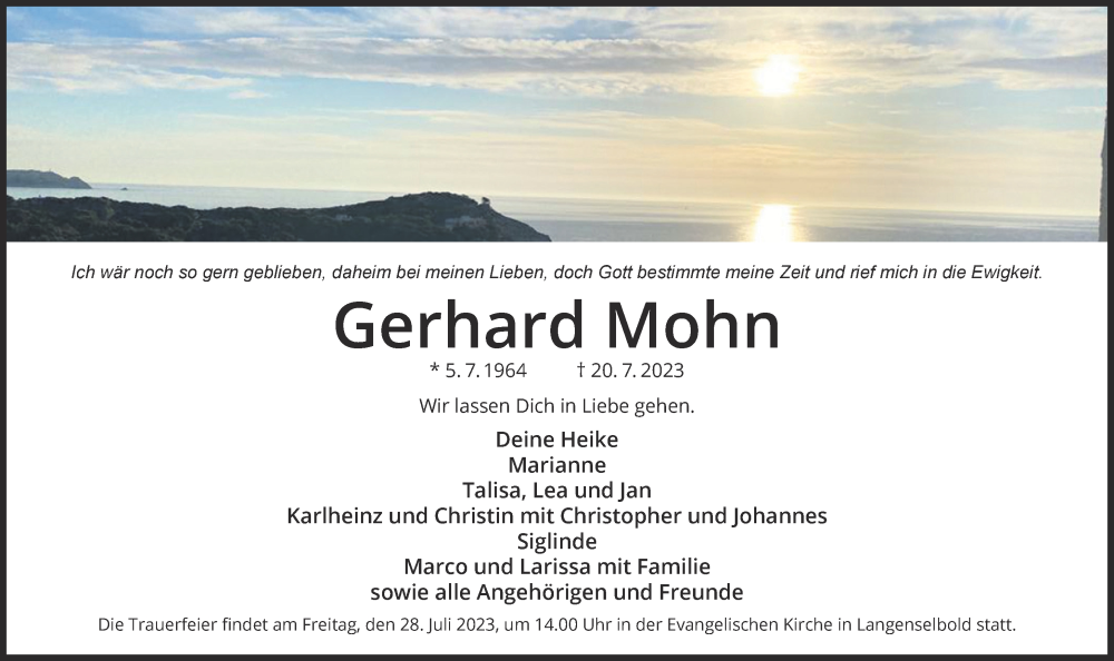  Traueranzeige für Gerhard Mohn vom 22.07.2023 aus Gelnhäuser Neue Zeitung