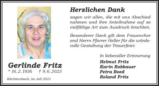 Traueranzeige von Gerlinde Fritz von Gelnhäuser Neue Zeitung