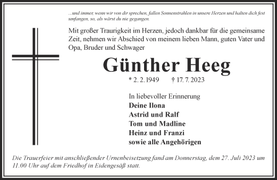 Traueranzeige von Günther Heeg von Mittelhessen-Bote