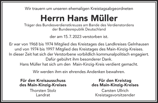 Traueranzeige von Hans Müller von Gelnhäuser Neue Zeitung