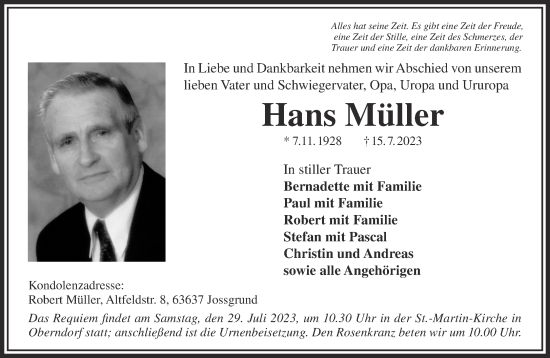 Traueranzeige von Hans Müller von Gelnhäuser Neue Zeitung