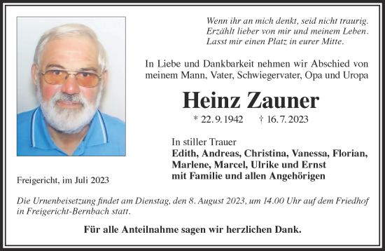 Traueranzeige von Heinz Zauner von Gelnhäuser Neue Zeitung