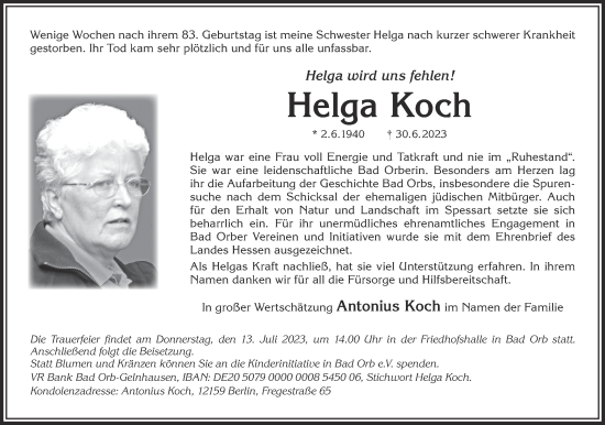 Traueranzeige von Helga Koch von Gelnhäuser Neue Zeitung