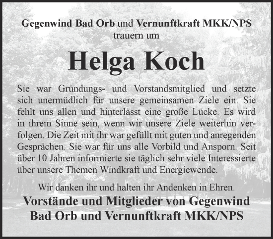 Traueranzeige von Helga Koch von Gelnhäuser Neue Zeitung