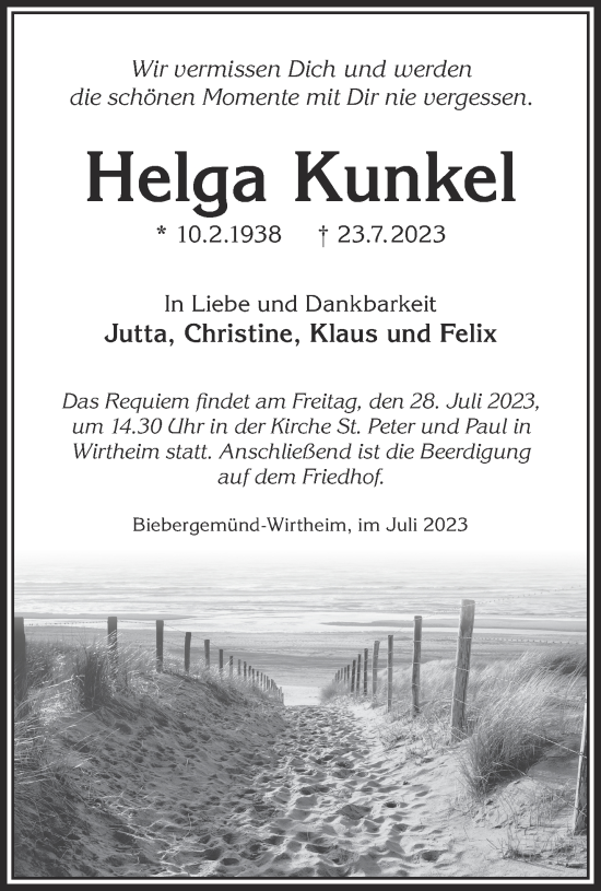 Traueranzeige von Helga Kunkel von Gelnhäuser Neue Zeitung