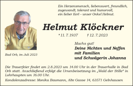 Traueranzeige von Helmut Klöckner von Gelnhäuser Neue Zeitung