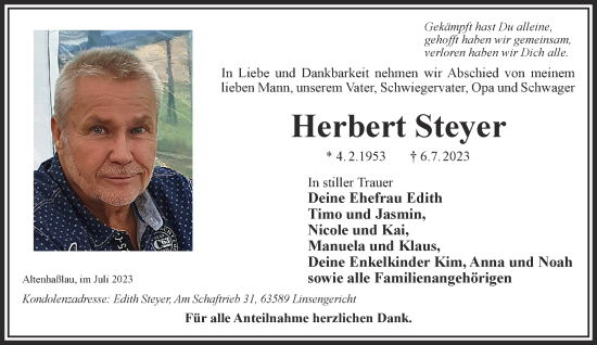 Traueranzeige von Herbert Steyer von Gelnhäuser Neue Zeitung