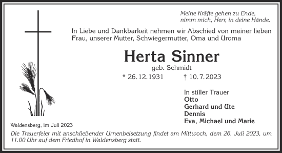 Traueranzeige von Herta Sinner von Gelnhäuser Neue Zeitung