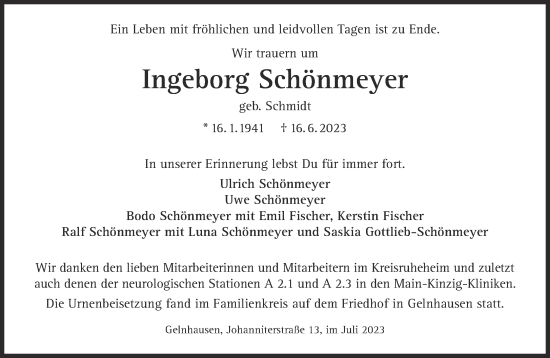 Traueranzeige von Ingeborg Schönmeyer von Gelnhäuser Neue Zeitung