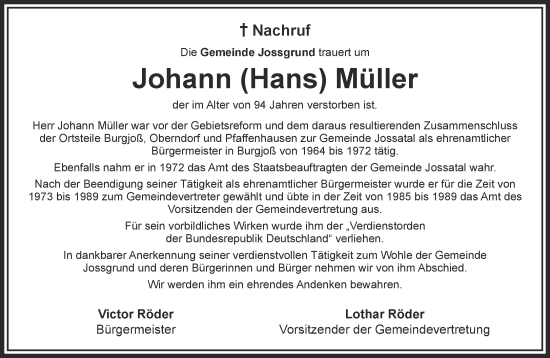 Traueranzeige von Johann  Müller von Mittelhessen-Bote