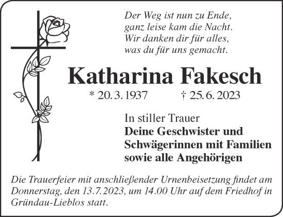 Traueranzeige von Katharina Fakesch von Gelnhäuser Neue Zeitung