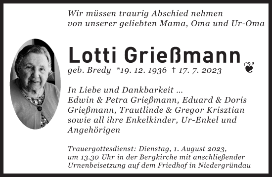 Traueranzeige von Lotti Grießmann von Gelnhäuser Neue Zeitung