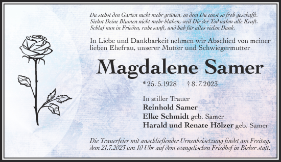 Traueranzeige von Magdalene Samer von Gelnhäuser Neue Zeitung