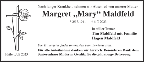 Traueranzeige von Margret Maldfeld von Gelnhäuser Neue Zeitung