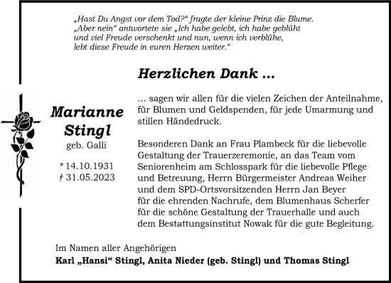 Traueranzeige von Marianne Stingl von Gelnhäuser Neue Zeitung