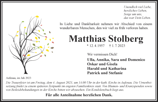 Traueranzeige von Matthias Stolberg von Gelnhäuser Neue Zeitung