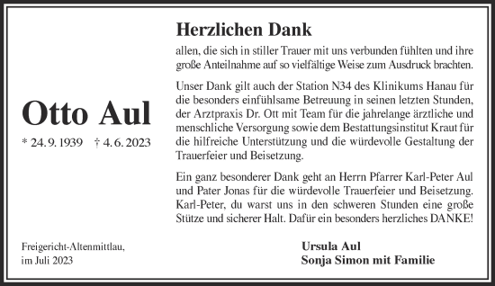 Traueranzeige von Otto Aul von Gelnhäuser Neue Zeitung