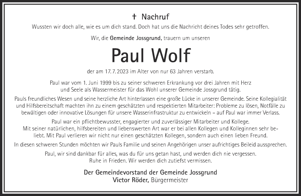  Traueranzeige für Paul Wolf vom 29.07.2023 aus Gelnhäuser Neue Zeitung