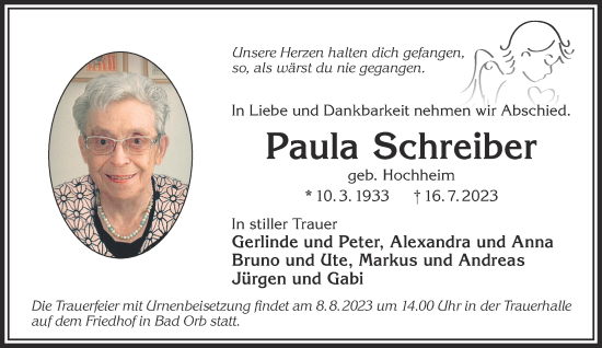 Traueranzeige von Paula Schreiber von Mittelhessen-Bote