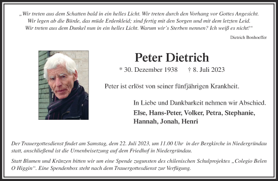 Traueranzeige von Peter Dietrich von Gelnhäuser Neue Zeitung