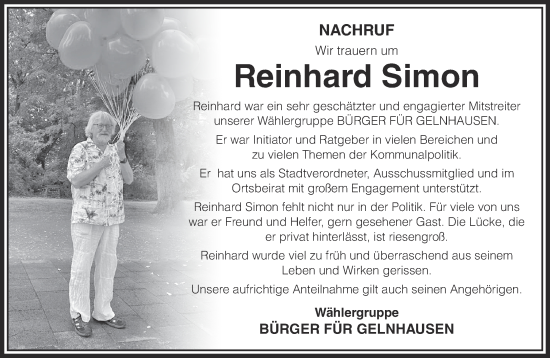 Traueranzeige von Reinhard Simon von Gelnhäuser Neue Zeitung