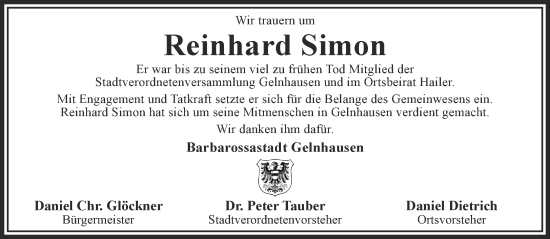 Traueranzeige von Reinhard Simon von Gelnhäuser Neue Zeitung