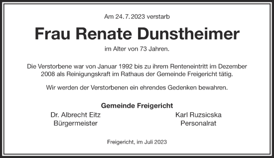 Traueranzeige von Renate Dunstheimer von Gelnhäuser Neue Zeitung