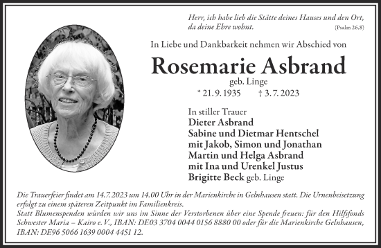 Traueranzeige von Rosemarie Asbrand von Gelnhäuser Neue Zeitung