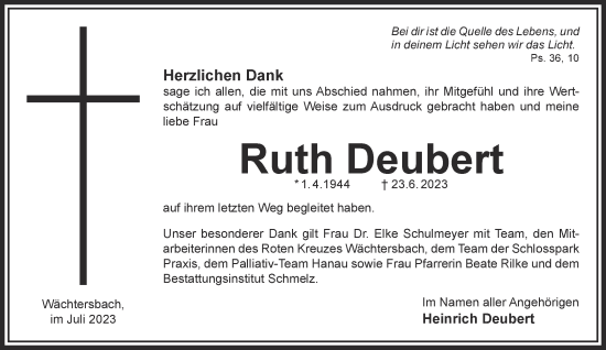 Traueranzeige von Ruth Deubert von Gelnhäuser Neue Zeitung