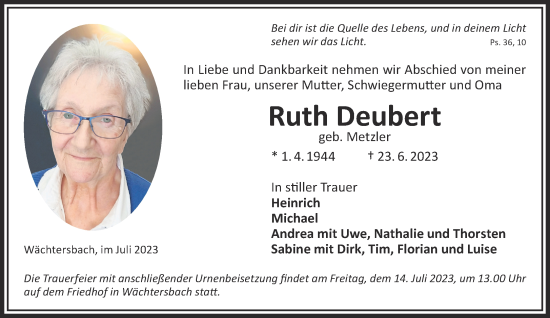 Traueranzeige von Ruth Deubert von Gelnhäuser Neue Zeitung