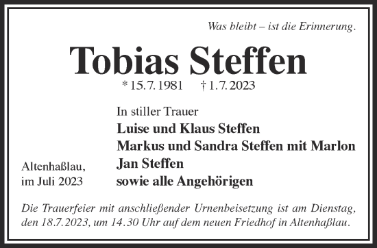 Traueranzeige von Tobias Steffen von Gelnhäuser Neue Zeitung