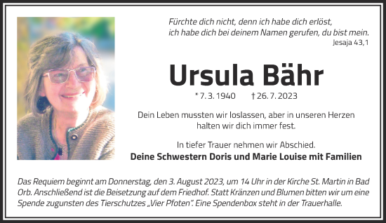 Traueranzeige von Ursula Bähr von Gelnhäuser Neue Zeitung