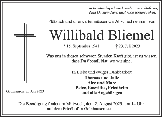 Traueranzeige von Willibald Bliemel von Gelnhäuser Neue Zeitung