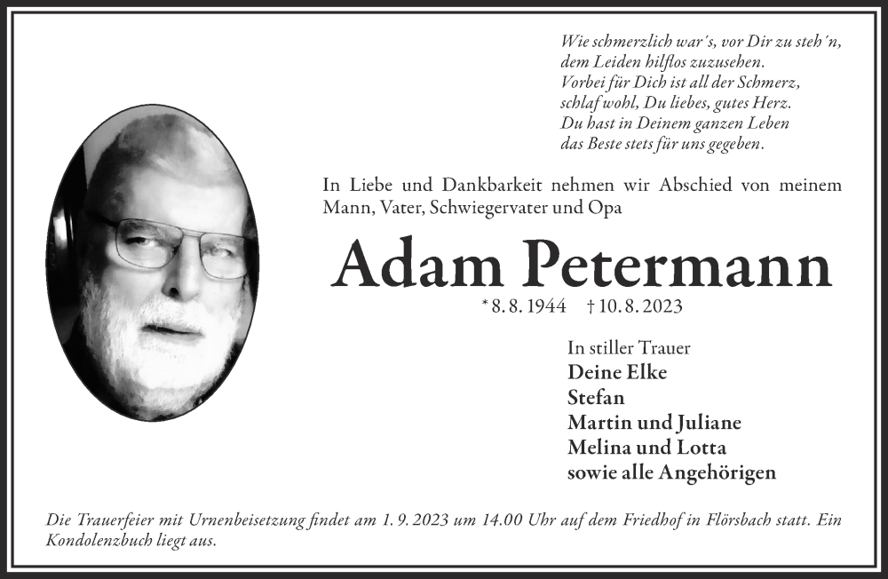  Traueranzeige für Adam Petermann vom 19.08.2023 aus Gelnhäuser Neue Zeitung