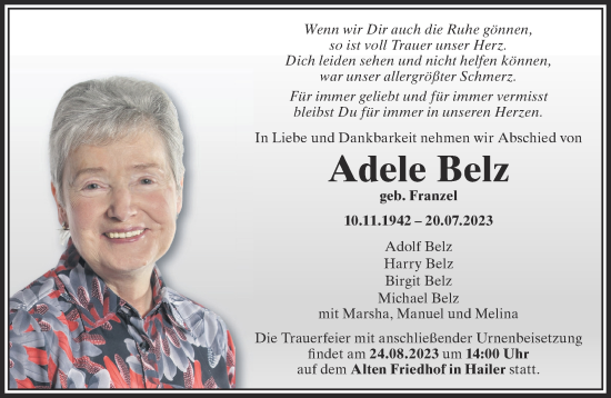 Traueranzeige von Adele Belz von Gelnhäuser Neue Zeitung