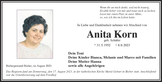 Traueranzeige von Anita Korn von Mittelhessen-Bote