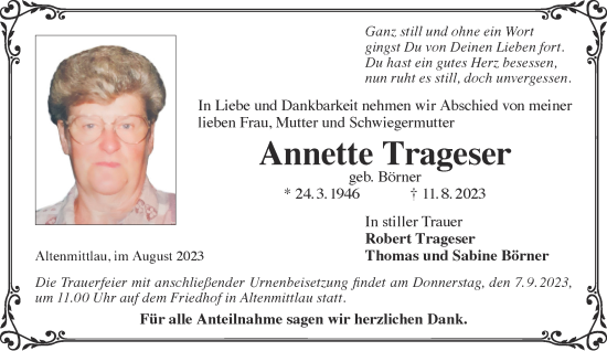 Traueranzeige von Annette Trageser von Gelnhäuser Neue Zeitung