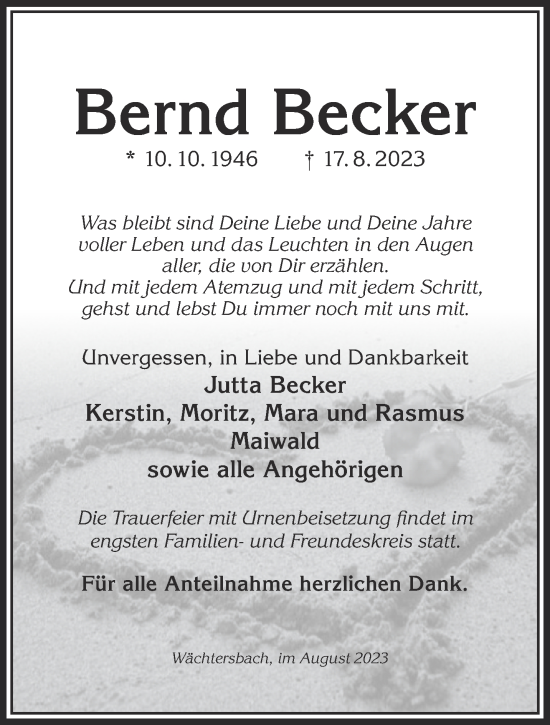 Traueranzeige von Bernd Becker von Gelnhäuser Neue Zeitung