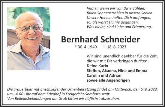 Traueranzeige von Bernhard Schneider von Mittelhessen-Bote