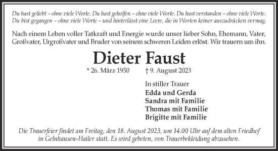 Traueranzeige von Dieter Faust von Gelnhäuser Neue Zeitung