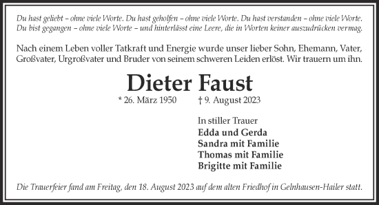 Traueranzeige von Dieter Faust von Mittelhessen-Bote