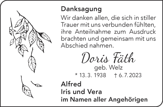 Traueranzeige von Doris Fäth von Gelnhäuser Neue Zeitung