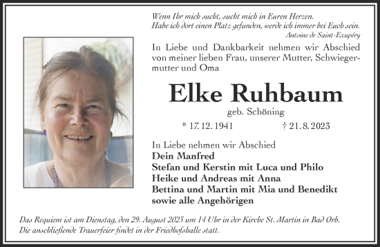 Traueranzeige von Elke Ruhbaum von Gelnhäuser Neue Zeitung