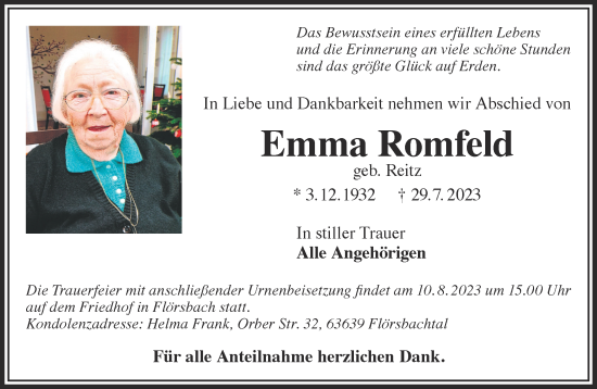 Traueranzeige von Emma Romfeld von Gelnhäuser Neue Zeitung