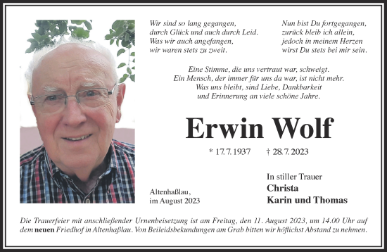 Traueranzeige von Erwin Wolf von Gelnhäuser Neue Zeitung