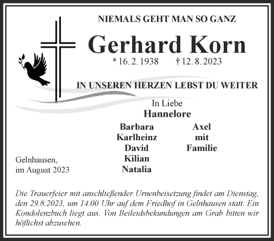 Traueranzeige von Gerhard Korn von Mittelhessen-Bote