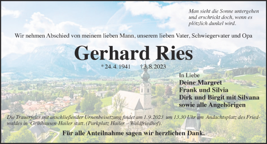 Traueranzeige von Gerhard Ries von Gelnhäuser Neue Zeitung